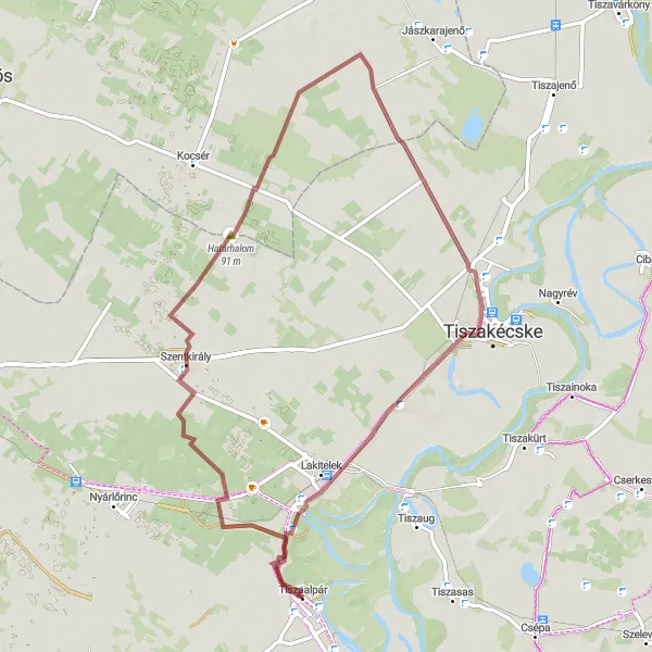 Map miniature of "Gravel Adventure to Tiszaalpár" cycling inspiration in Dél-Alföld, Hungary. Generated by Tarmacs.app cycling route planner