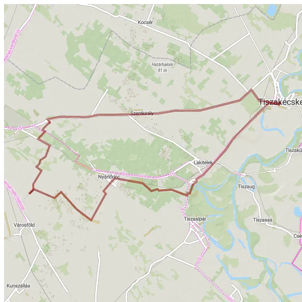 Map miniature of "Gravel Adventure" cycling inspiration in Dél-Alföld, Hungary. Generated by Tarmacs.app cycling route planner