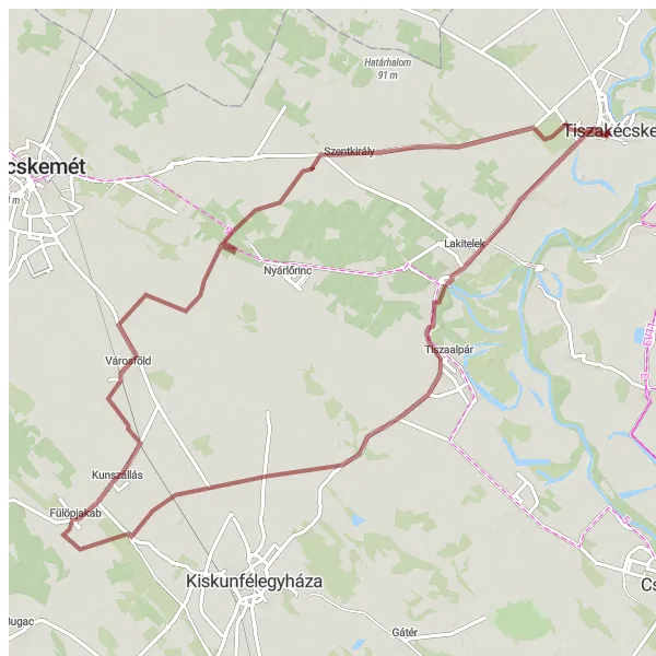 Map miniature of "Gravel Adventure around Tiszakécske: Uncover the Hidden Gems" cycling inspiration in Dél-Alföld, Hungary. Generated by Tarmacs.app cycling route planner