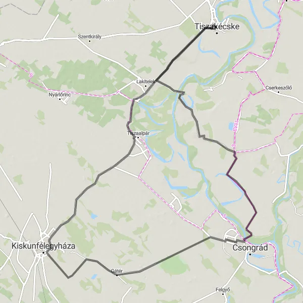 Map miniature of "Tiszaug Loop" cycling inspiration in Dél-Alföld, Hungary. Generated by Tarmacs.app cycling route planner