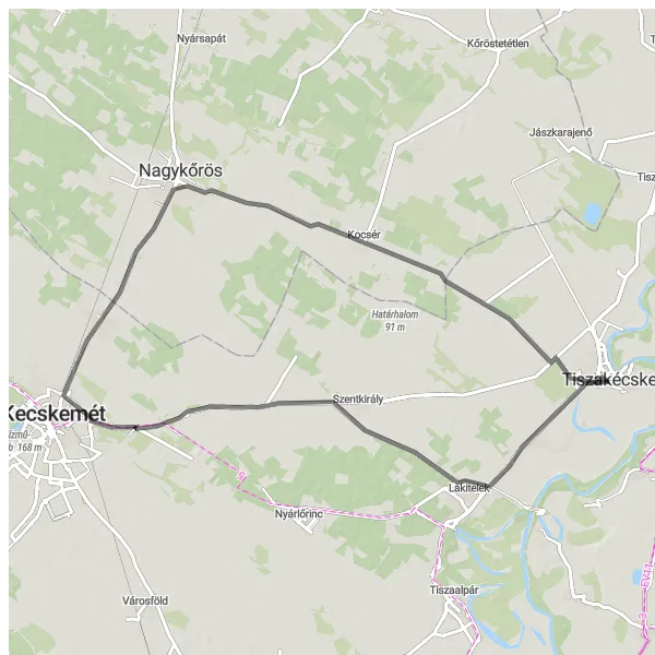 Map miniature of "Lakitelek Loop" cycling inspiration in Dél-Alföld, Hungary. Generated by Tarmacs.app cycling route planner