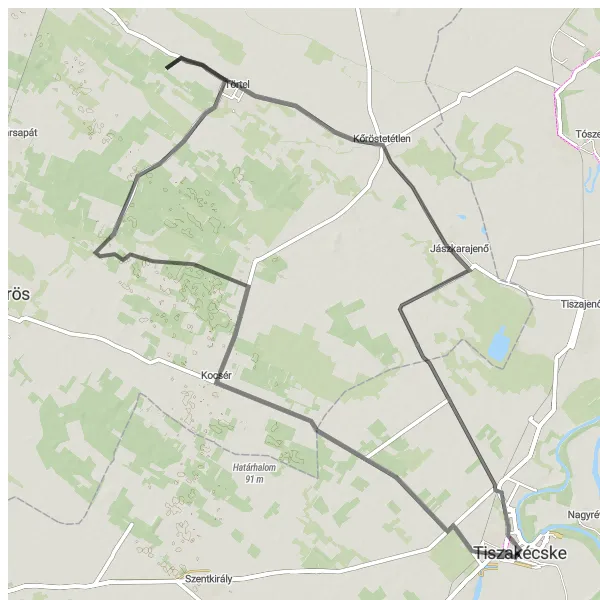 Map miniature of "Round-Trip Cycling Route from Tiszakécske: A Journey through Dél-Alföld" cycling inspiration in Dél-Alföld, Hungary. Generated by Tarmacs.app cycling route planner