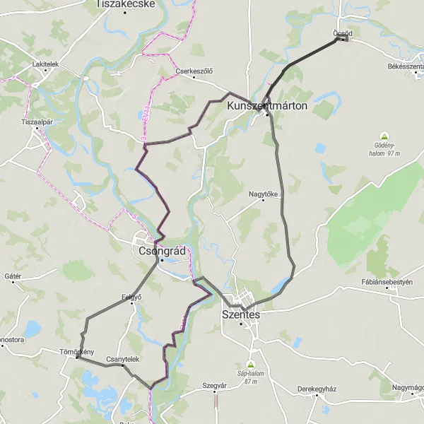 Map miniature of "The Öcsöd Cycling Challenge" cycling inspiration in Dél-Alföld, Hungary. Generated by Tarmacs.app cycling route planner