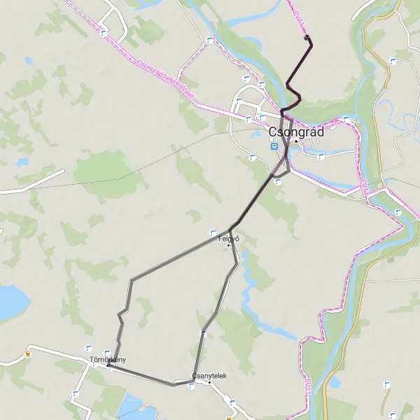 Map miniature of "The Csongrád Heritage Ride" cycling inspiration in Dél-Alföld, Hungary. Generated by Tarmacs.app cycling route planner