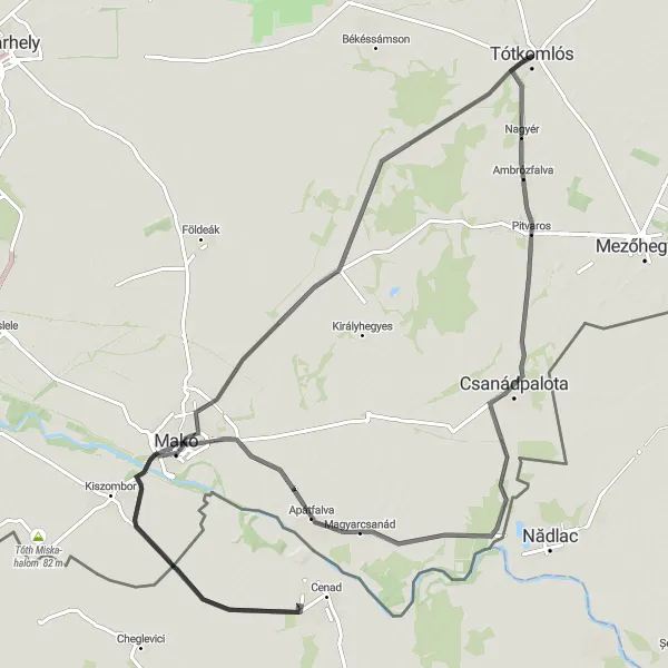 Map miniature of "The Nagylak Loop" cycling inspiration in Dél-Alföld, Hungary. Generated by Tarmacs.app cycling route planner