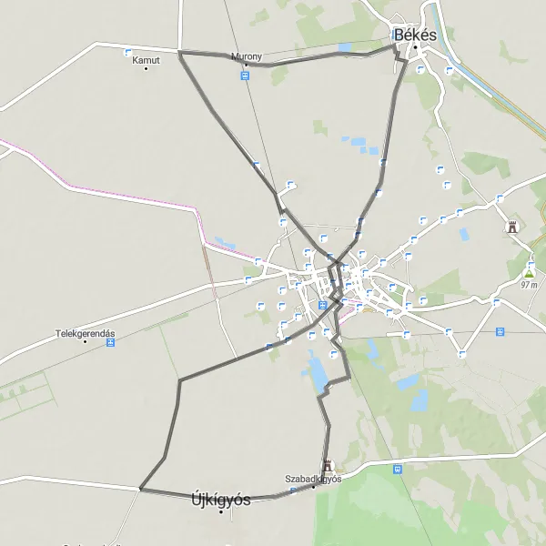 Map miniature of "Újkígyós - Murony - Szabadkígyós Road Cycling Route" cycling inspiration in Dél-Alföld, Hungary. Generated by Tarmacs.app cycling route planner
