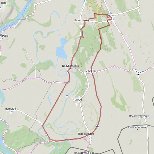 Map miniature of "The Nagybaracska Loop" cycling inspiration in Dél-Alföld, Hungary. Generated by Tarmacs.app cycling route planner