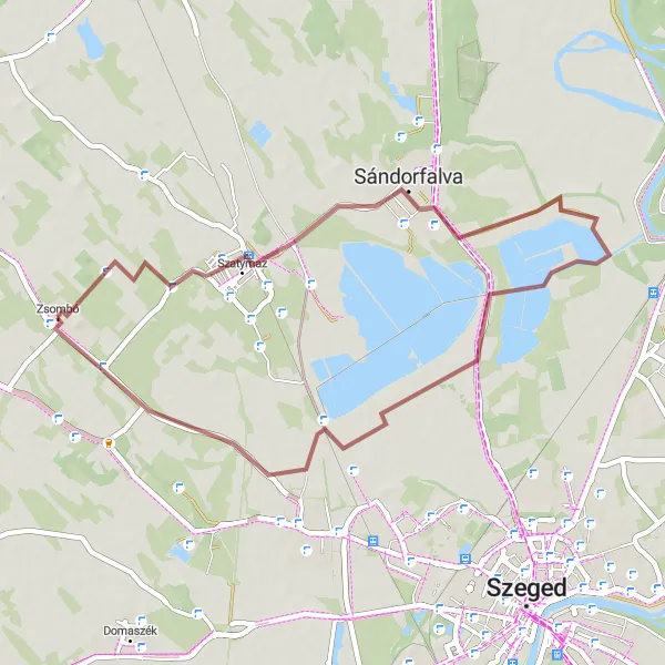 Map miniature of "Gravel Trails of Zsombó" cycling inspiration in Dél-Alföld, Hungary. Generated by Tarmacs.app cycling route planner