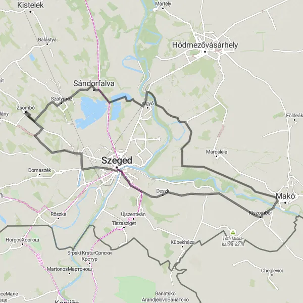 Map miniature of "The Algyő Adventure" cycling inspiration in Dél-Alföld, Hungary. Generated by Tarmacs.app cycling route planner