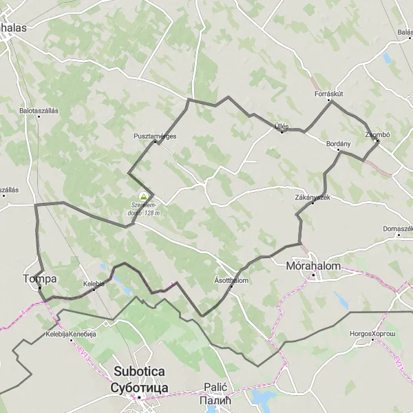 Map miniature of "The Southern Expedition" cycling inspiration in Dél-Alföld, Hungary. Generated by Tarmacs.app cycling route planner