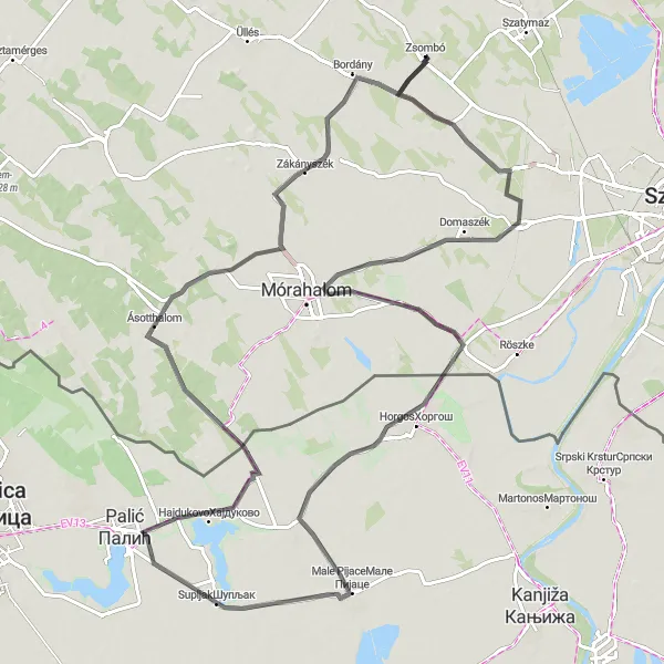 Map miniature of "Discovering Domaszék and Ásotthalom" cycling inspiration in Dél-Alföld, Hungary. Generated by Tarmacs.app cycling route planner