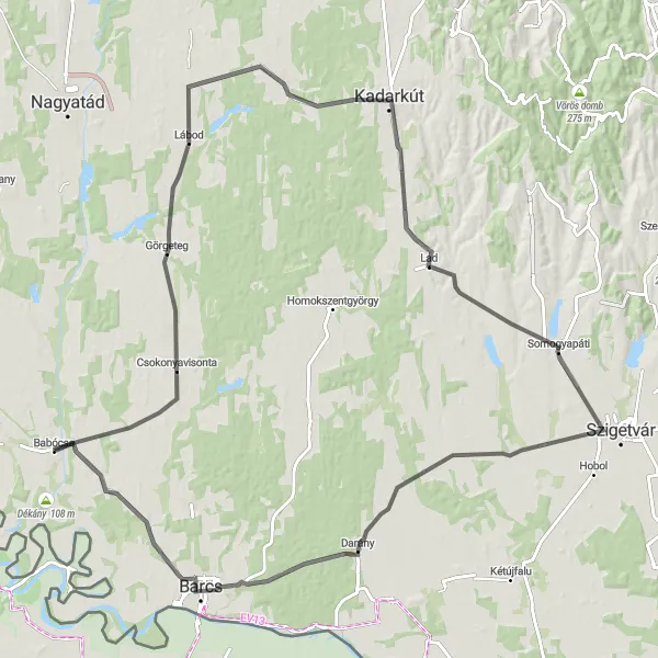 Map miniature of "Scenic Road Cycling in Somogy County" cycling inspiration in Dél-Dunántúl, Hungary. Generated by Tarmacs.app cycling route planner