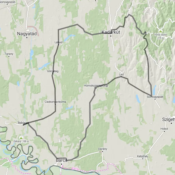 Map miniature of "Csokonyavisonta Circuit" cycling inspiration in Dél-Dunántúl, Hungary. Generated by Tarmacs.app cycling route planner