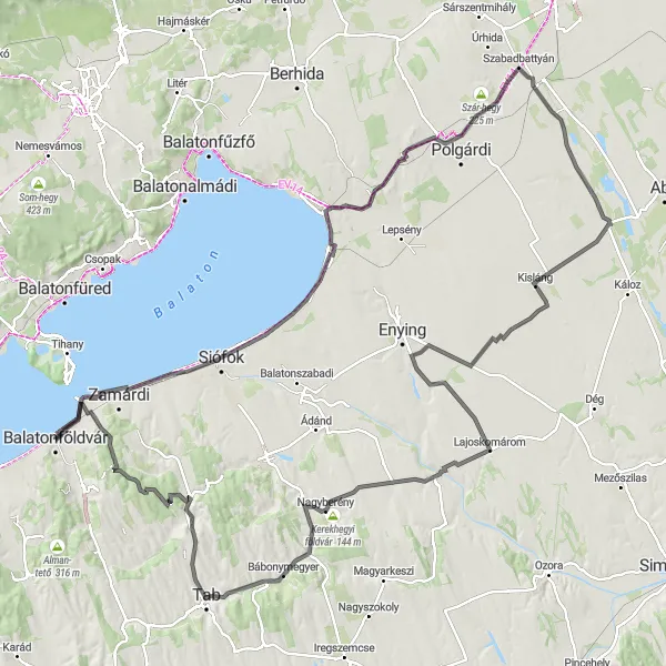 Map miniature of "Balatonföldvár to Tab and Back" cycling inspiration in Dél-Dunántúl, Hungary. Generated by Tarmacs.app cycling route planner