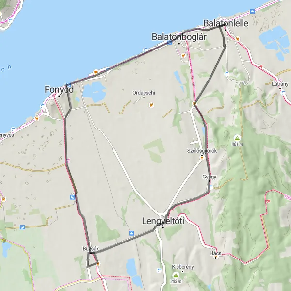 Map miniature of "Balatonlelle and Surrounding Villages" cycling inspiration in Dél-Dunántúl, Hungary. Generated by Tarmacs.app cycling route planner