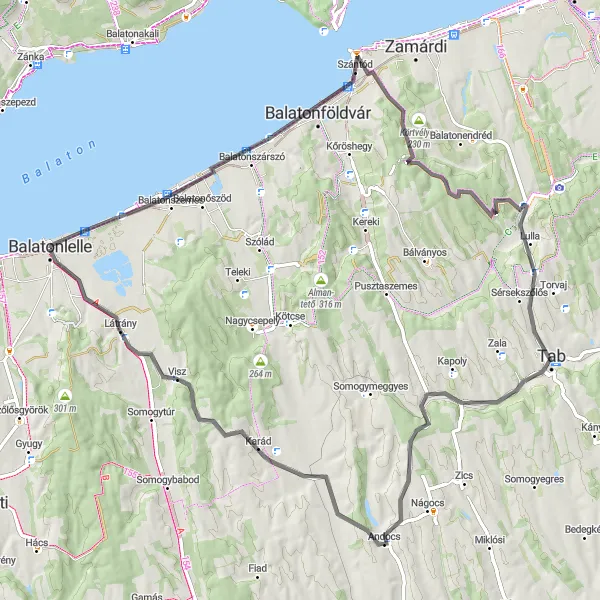 Map miniature of "Balatonlelle Látrány Grand Tour" cycling inspiration in Dél-Dunántúl, Hungary. Generated by Tarmacs.app cycling route planner