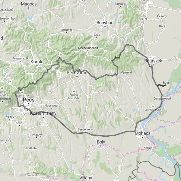 Map miniature of "Bátaapáti and Pécsvárad Road Route" cycling inspiration in Dél-Dunántúl, Hungary. Generated by Tarmacs.app cycling route planner