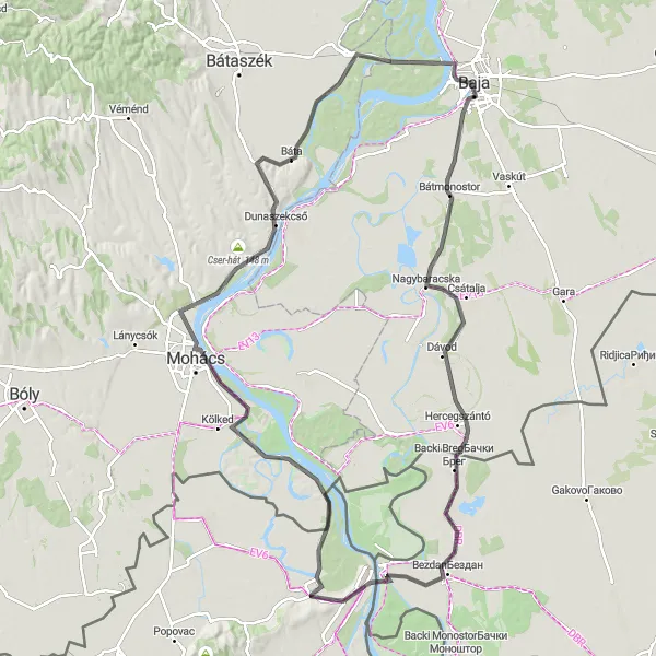 Map miniature of "Cycle Along the Danube on a Scenic Road Route" cycling inspiration in Dél-Dunántúl, Hungary. Generated by Tarmacs.app cycling route planner