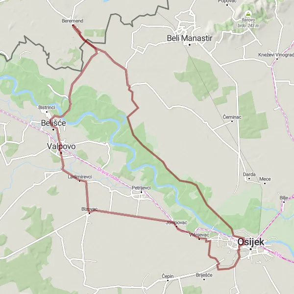 Map miniature of "Scenic Baranja Route" cycling inspiration in Dél-Dunántúl, Hungary. Generated by Tarmacs.app cycling route planner
