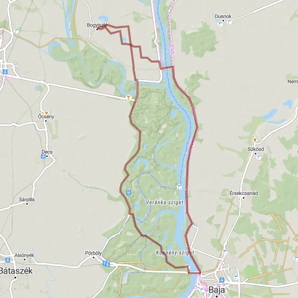 Map miniature of "Malomtelelő and Dunafürdő Gravel Excursion" cycling inspiration in Dél-Dunántúl, Hungary. Generated by Tarmacs.app cycling route planner