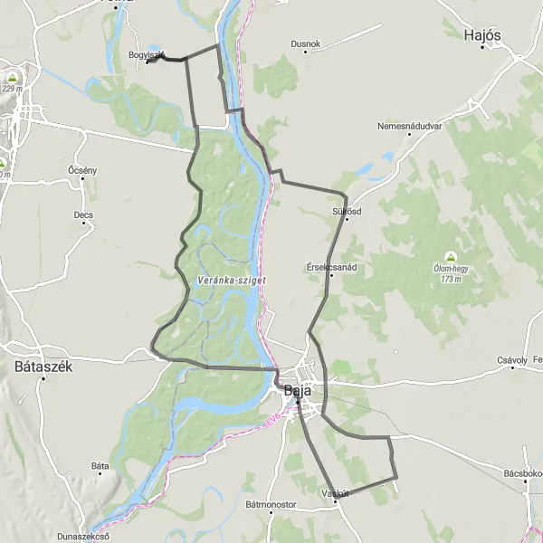 Map miniature of "Érsekcsanád to Malomtelelő Scenic Tour" cycling inspiration in Dél-Dunántúl, Hungary. Generated by Tarmacs.app cycling route planner