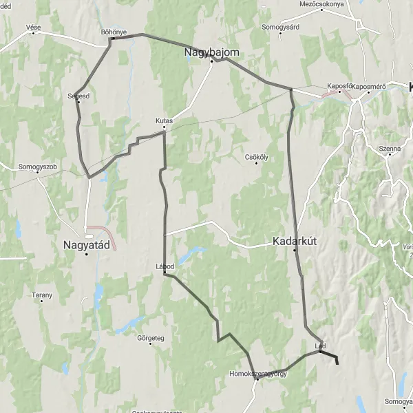 Map miniature of "Countryside Serenity" cycling inspiration in Dél-Dunántúl, Hungary. Generated by Tarmacs.app cycling route planner