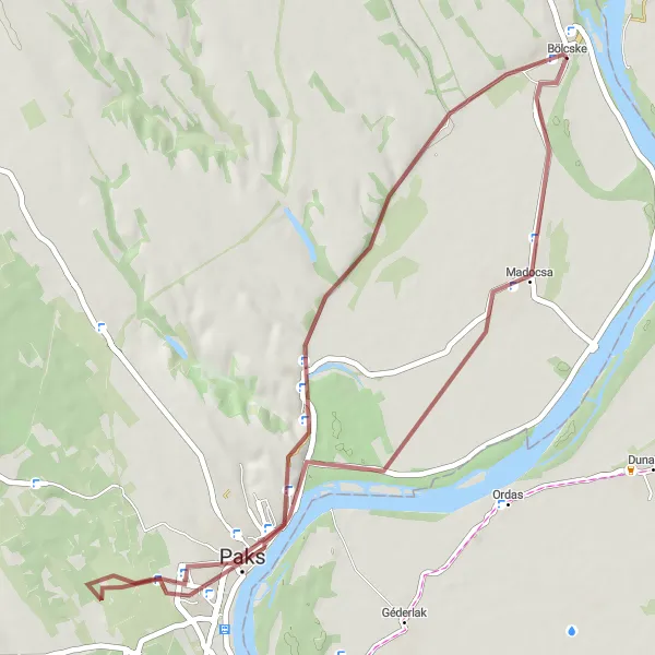 Map miniature of "Bölcske Gravel Adventure" cycling inspiration in Dél-Dunántúl, Hungary. Generated by Tarmacs.app cycling route planner