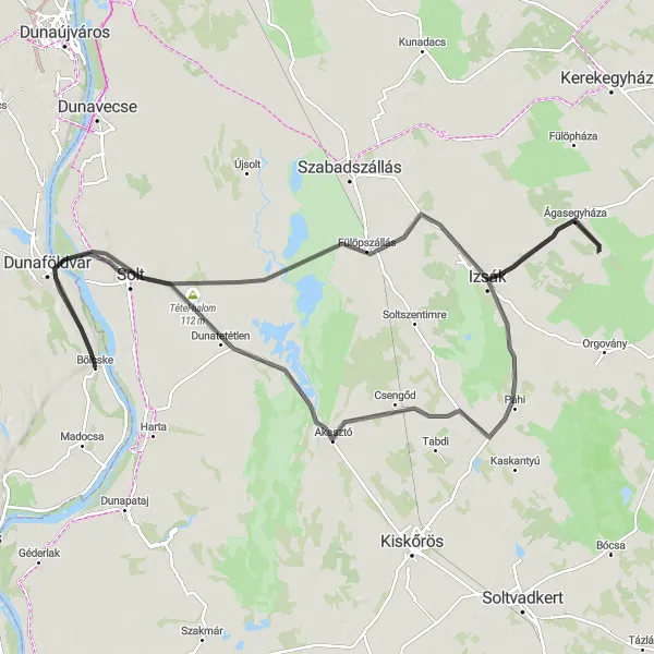 Map miniature of "Cycling Route from Bölcske to Tétel-halom" cycling inspiration in Dél-Dunántúl, Hungary. Generated by Tarmacs.app cycling route planner