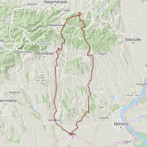 Map miniature of "Gravel Adventure: Hills and Forests" cycling inspiration in Dél-Dunántúl, Hungary. Generated by Tarmacs.app cycling route planner