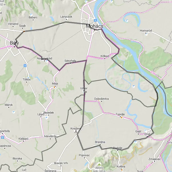 Map miniature of "Around Bóly through Mohács and Tavanac" cycling inspiration in Dél-Dunántúl, Hungary. Generated by Tarmacs.app cycling route planner