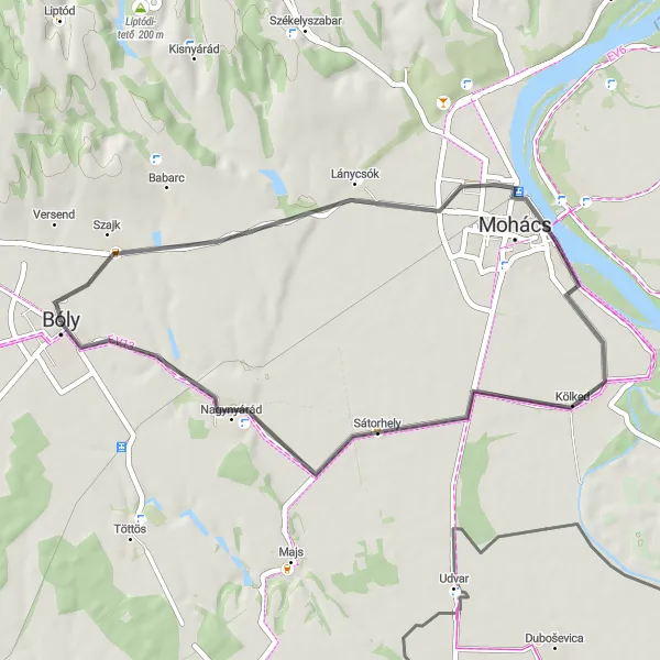 Map miniature of "Scenic Cycling in Lánycsók and Sátorhely" cycling inspiration in Dél-Dunántúl, Hungary. Generated by Tarmacs.app cycling route planner