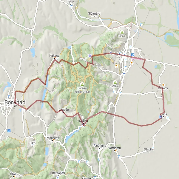 Map miniature of "Bonyhád - Kakasd - Vár-hegy - Kerék-hegy - Szekszárd - Decs - Grábóci kilátó - Grábóc - Bonyhád" cycling inspiration in Dél-Dunántúl, Hungary. Generated by Tarmacs.app cycling route planner