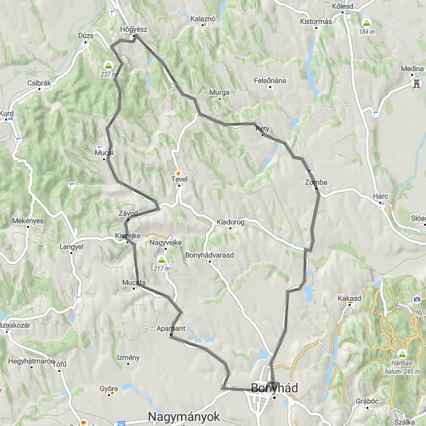 Map miniature of "Bonyhád - Mucsfa - Mucsi - Hőgyész - Kéty - Zomba - Bonyhád" cycling inspiration in Dél-Dunántúl, Hungary. Generated by Tarmacs.app cycling route planner