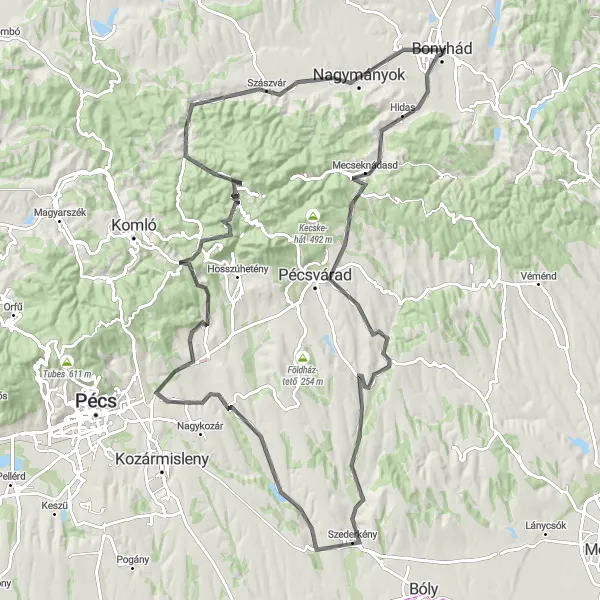 Map miniature of "Challenging Hills and Historic Sites" cycling inspiration in Dél-Dunántúl, Hungary. Generated by Tarmacs.app cycling route planner