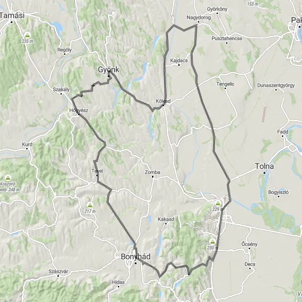 Map miniature of "Gyönk Wine Tour" cycling inspiration in Dél-Dunántúl, Hungary. Generated by Tarmacs.app cycling route planner