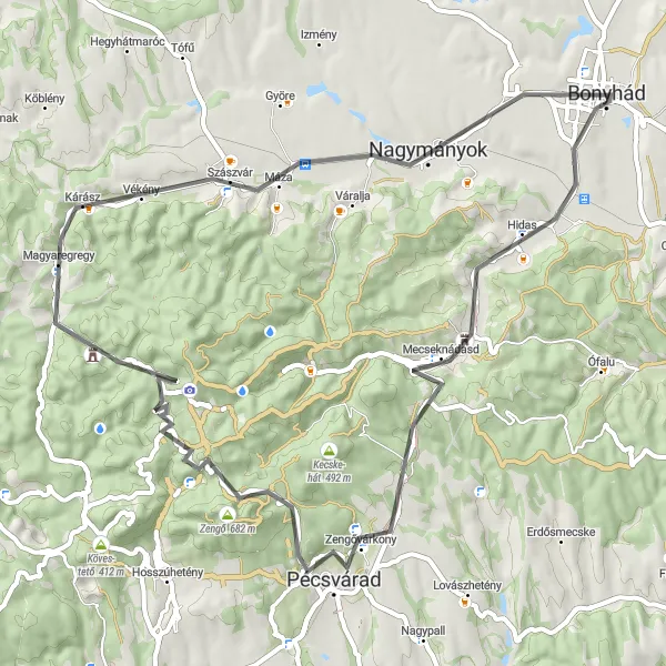 Map miniature of "Bonyhád Round Trip" cycling inspiration in Dél-Dunántúl, Hungary. Generated by Tarmacs.app cycling route planner