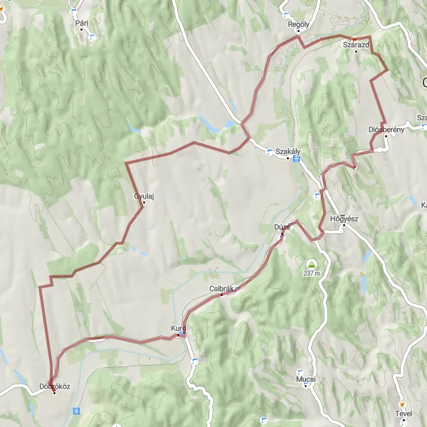 Map miniature of "Gravel ride through Gyulaj" cycling inspiration in Dél-Dunántúl, Hungary. Generated by Tarmacs.app cycling route planner