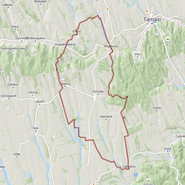 Map miniature of "Gravel Expedition" cycling inspiration in Dél-Dunántúl, Hungary. Generated by Tarmacs.app cycling route planner