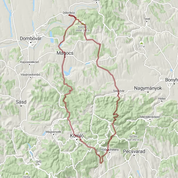 Map miniature of "Koszorú-domb Gravel Loop" cycling inspiration in Dél-Dunántúl, Hungary. Generated by Tarmacs.app cycling route planner