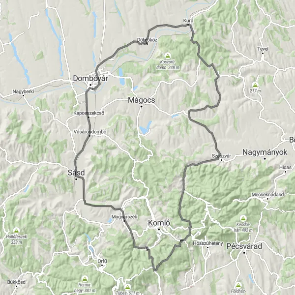 Map miniature of "Kurd Adventure" cycling inspiration in Dél-Dunántúl, Hungary. Generated by Tarmacs.app cycling route planner
