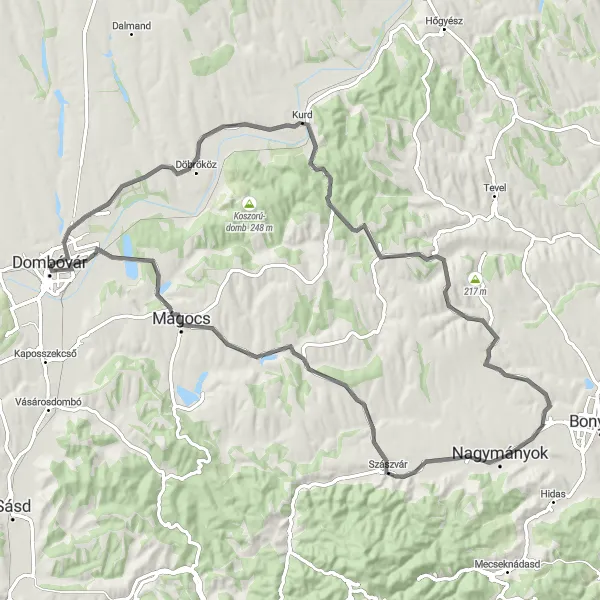 Map miniature of "Roads and Hills of Dombóvár" cycling inspiration in Dél-Dunántúl, Hungary. Generated by Tarmacs.app cycling route planner