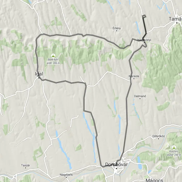 Map miniature of "Scenic Road Trip through Kapos Valley" cycling inspiration in Dél-Dunántúl, Hungary. Generated by Tarmacs.app cycling route planner