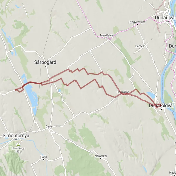 Map miniature of "The Nagykarácsony and Sárszentmiklós Gravel Adventure" cycling inspiration in Dél-Dunántúl, Hungary. Generated by Tarmacs.app cycling route planner