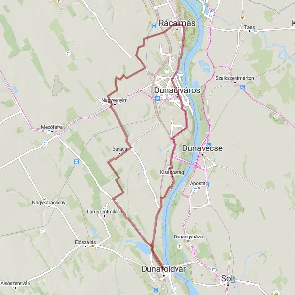 Map miniature of "The Dunaföldvár Gravel Adventure" cycling inspiration in Dél-Dunántúl, Hungary. Generated by Tarmacs.app cycling route planner