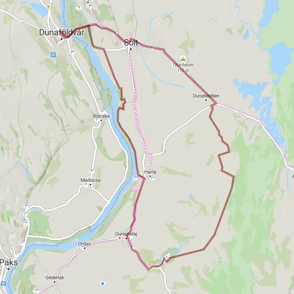 Map miniature of "The Rural Charm of Solt and Tétel-halom" cycling inspiration in Dél-Dunántúl, Hungary. Generated by Tarmacs.app cycling route planner