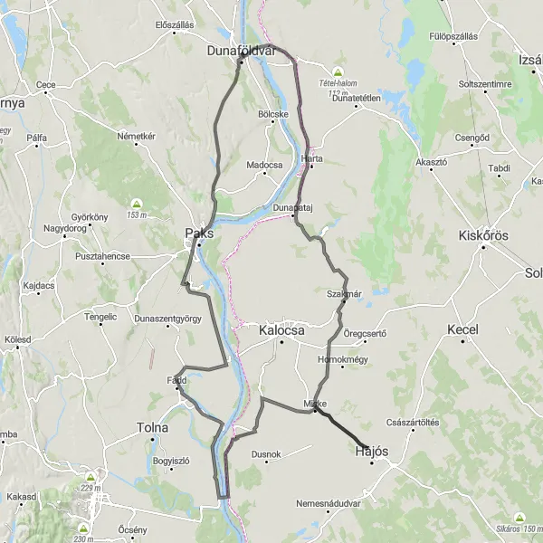 Map miniature of "The Dunaföldvár Loop" cycling inspiration in Dél-Dunántúl, Hungary. Generated by Tarmacs.app cycling route planner