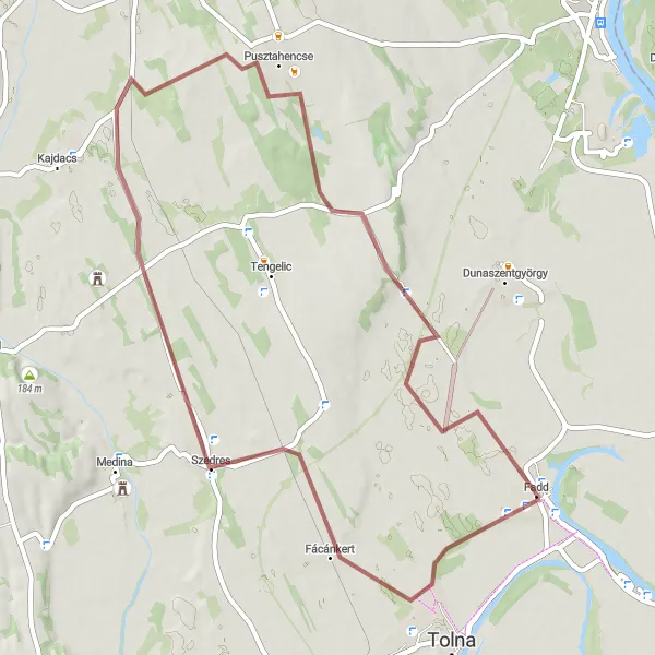 Map miniature of "Gravel Excursion through Fadd and Surroundings" cycling inspiration in Dél-Dunántúl, Hungary. Generated by Tarmacs.app cycling route planner