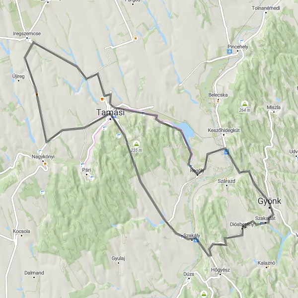 Map miniature of "The Tamási Loop" cycling inspiration in Dél-Dunántúl, Hungary. Generated by Tarmacs.app cycling route planner