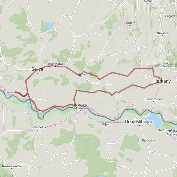 Map miniature of "Harkány - Drávasztára Gravel Adventure" cycling inspiration in Dél-Dunántúl, Hungary. Generated by Tarmacs.app cycling route planner