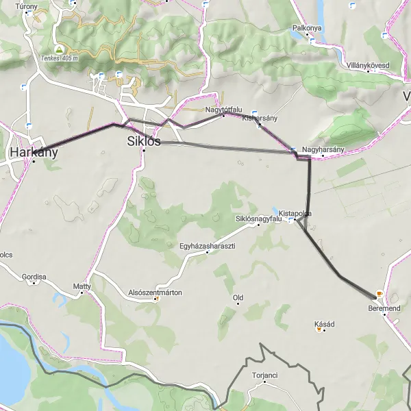 Map miniature of "The Castle of Siklós Loop" cycling inspiration in Dél-Dunántúl, Hungary. Generated by Tarmacs.app cycling route planner